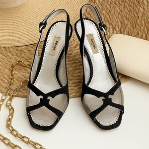 Prada Black Suede & Silver Slingback Heels (Size 38 / US 7.5–8